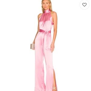 NWOT something Navy x revolve pink satin jumpsuit